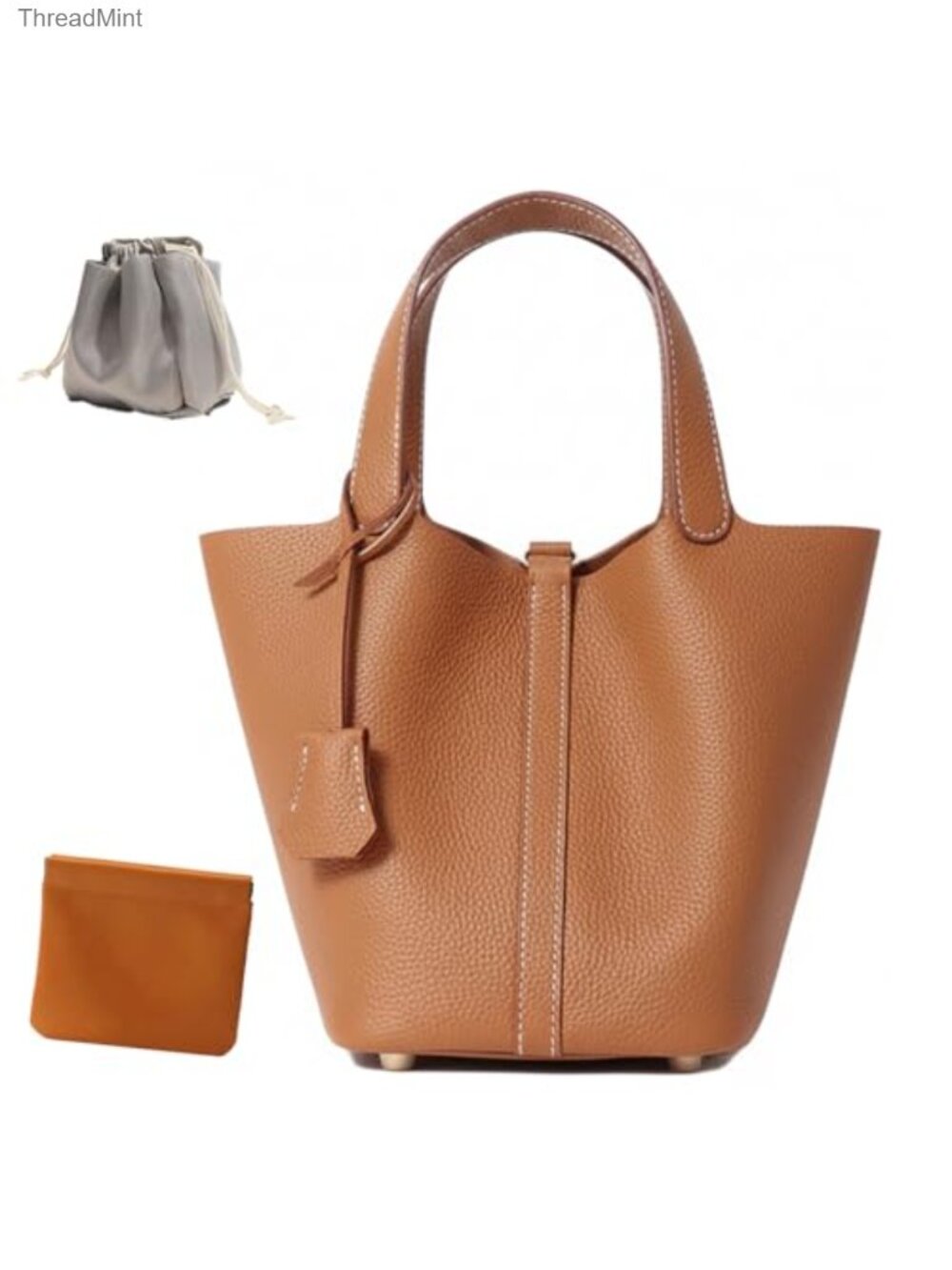 Genuine Leather Bucket Bag Top-Handle Satchel Handbag with Lock